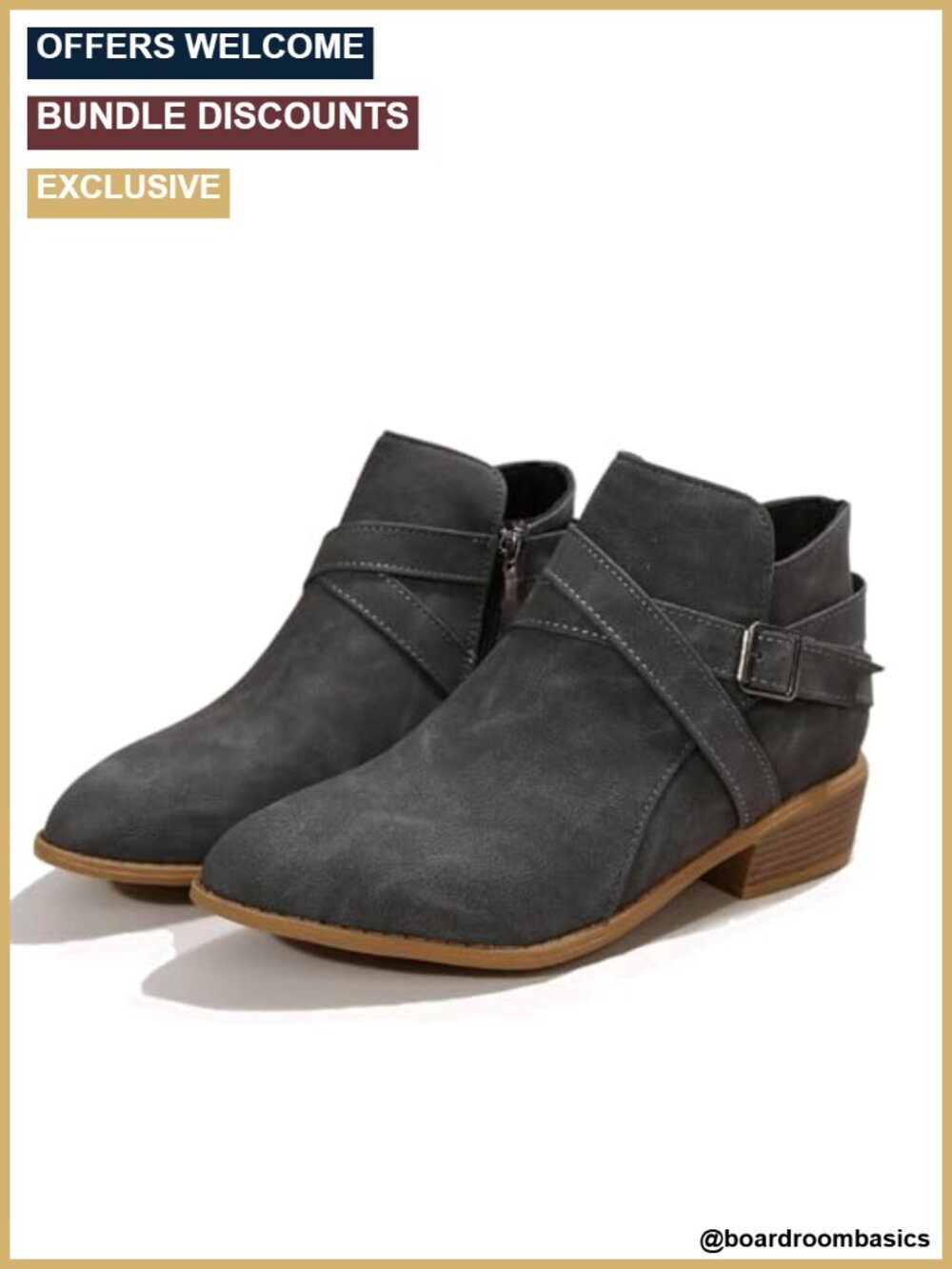 Faux Leather Buckle Strap Chunky Heel Ankle Boots Side Zipper